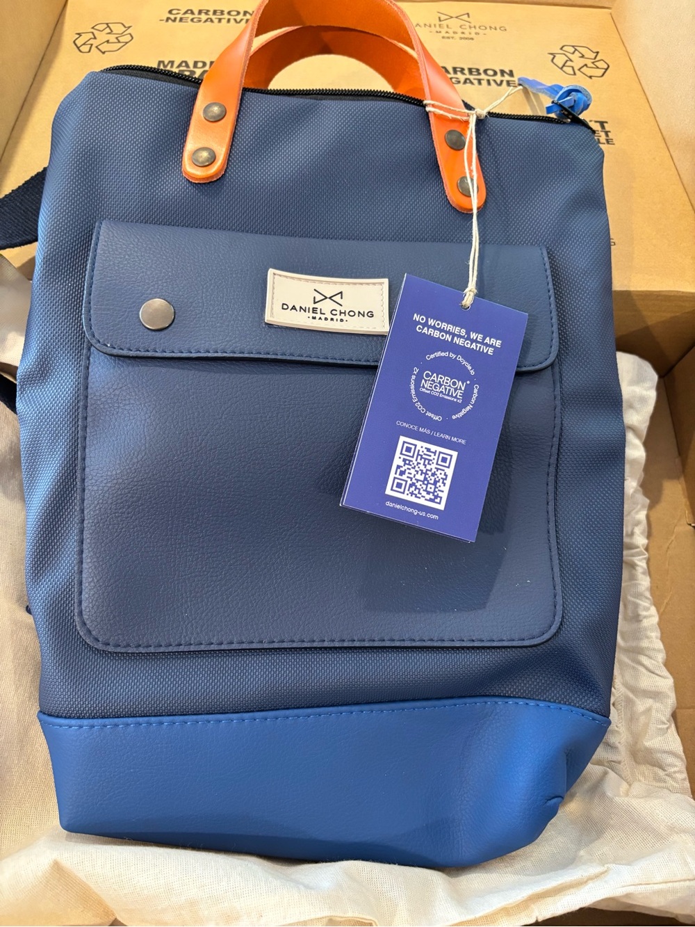 Women's Navy Blue Backpack with Tan Handles